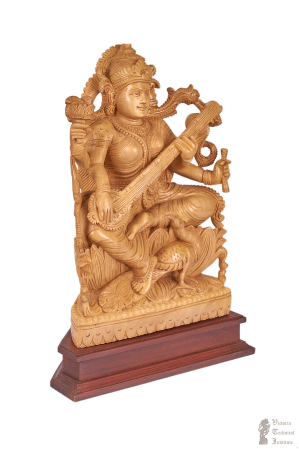 Handmade Wooden Goddess Sitting Saraswathi Statue