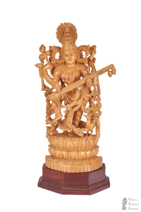 Handmade Wooden Goddess Standing Saraswathi Statue