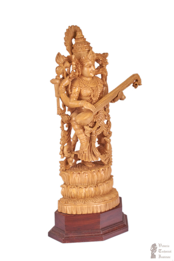 Handmade Wooden Goddess Standing Saraswathi Statue