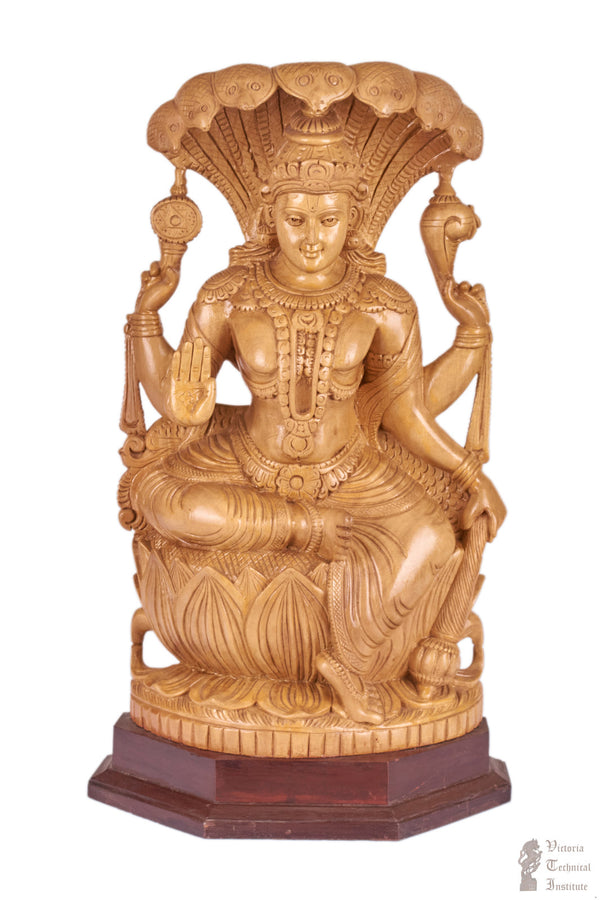 Handmade Wooden Sitting Vishnu Statue With Rosewood Base