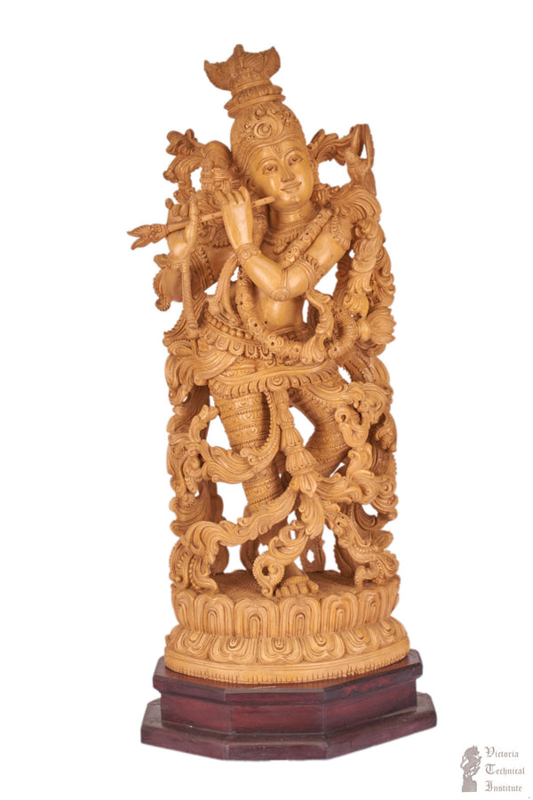 Handmade Wooden Krishna With Flute Statue