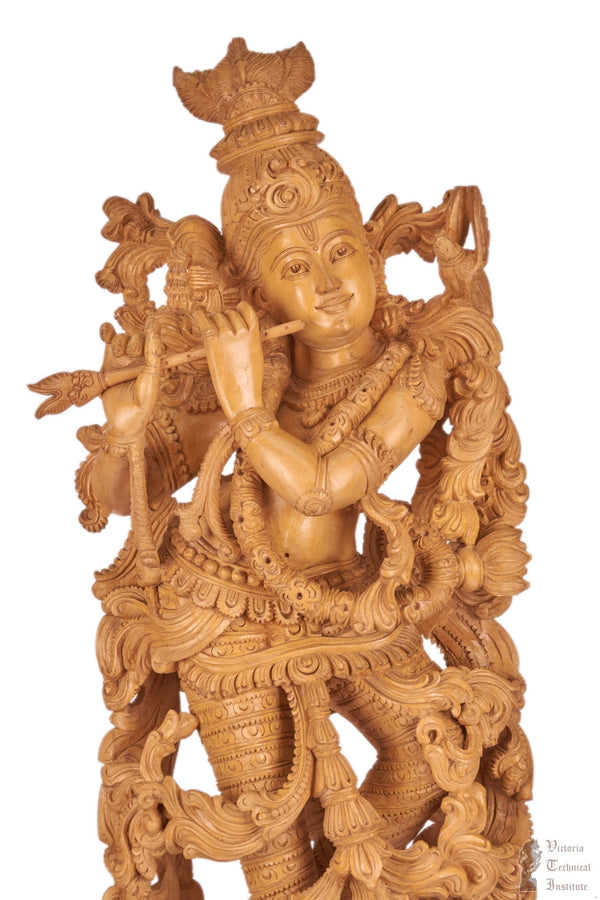 Handmade Wooden Krishna With Flute Statue