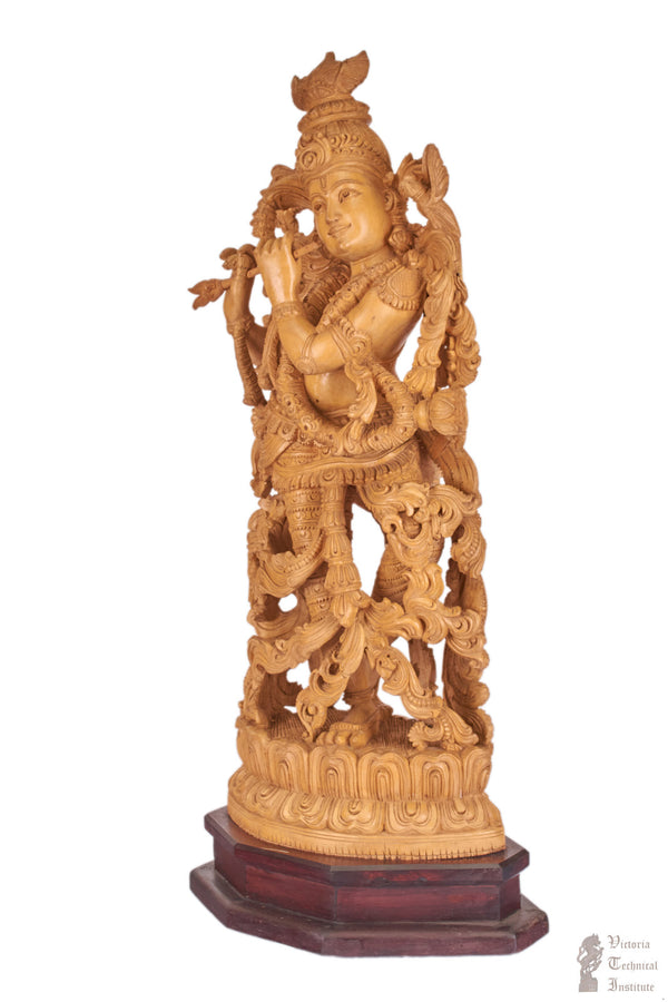 Handmade Wooden Krishna With Flute Statue