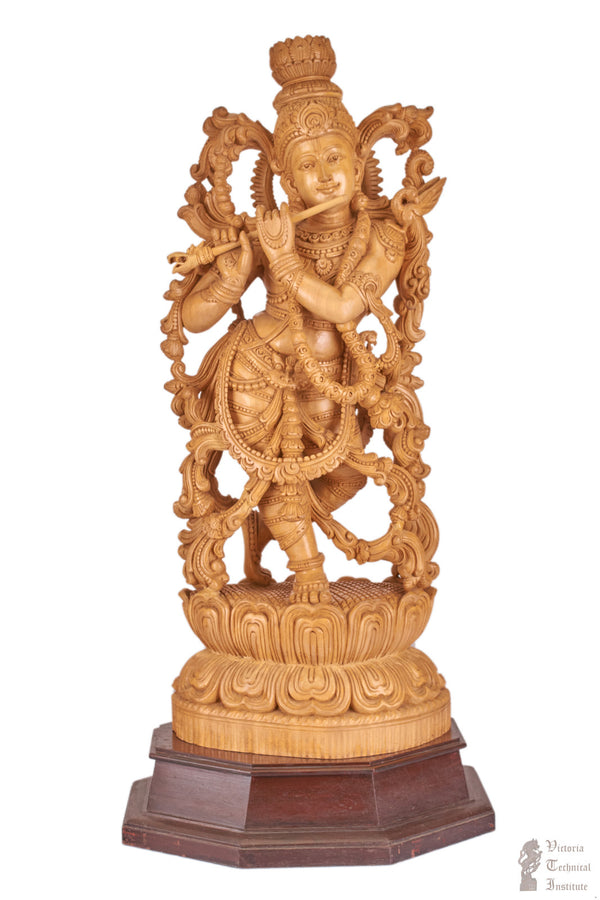 Handmade Wooden Krishna With Flute Statue