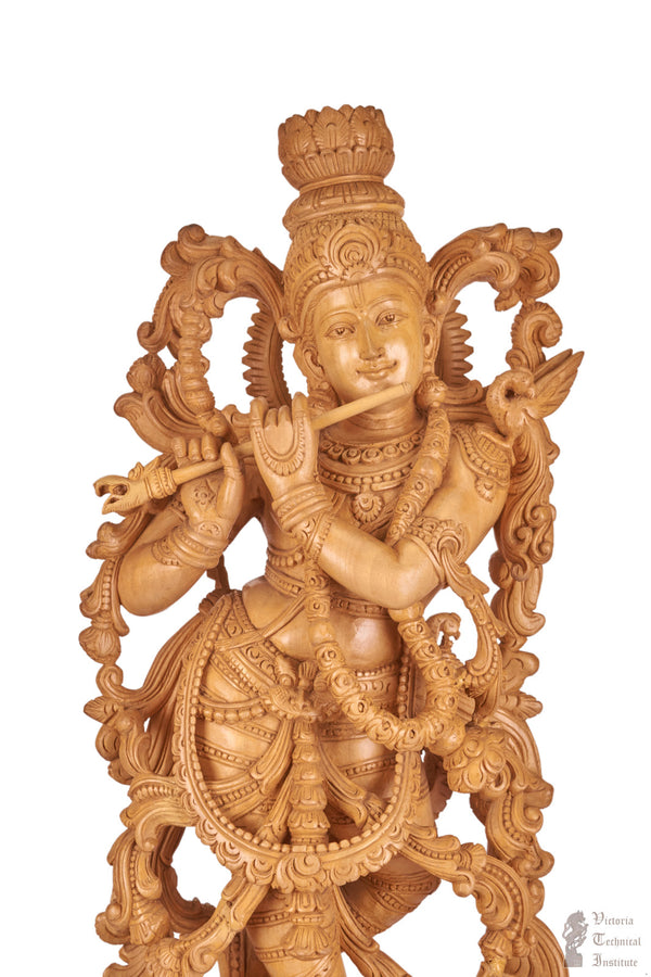 Handmade Wooden Krishna With Flute Statue