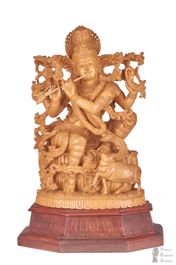 Handmade Wooden Sitting Krishna Statue