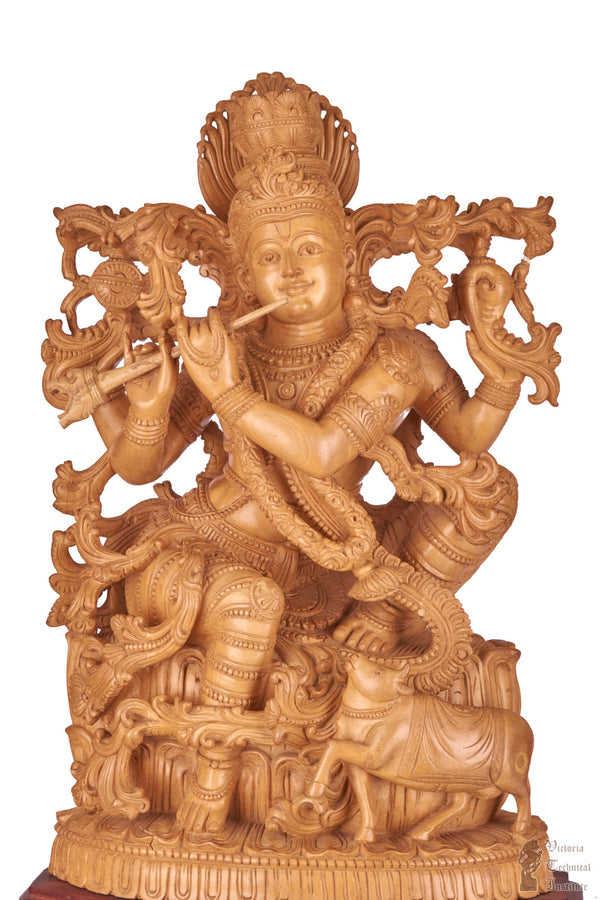 Handmade Wooden Sitting Krishna Statue