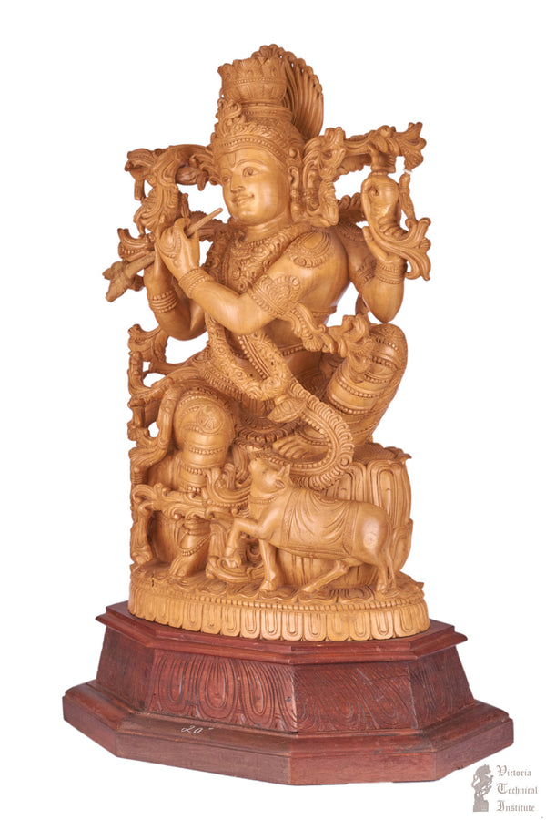 Handmade Wooden Sitting Krishna Statue