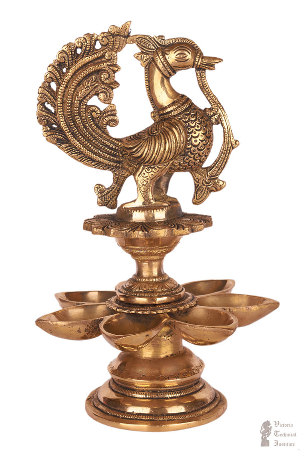 Brass Annam Bird Design Oil Lamp/Diya With Seven Face Lamping