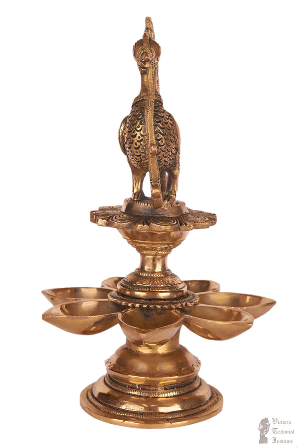 Brass Annam Bird Design Oil Lamp/Diya With Seven Face Lamping
