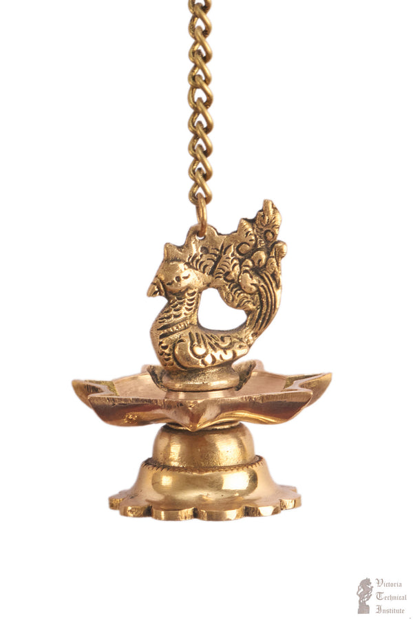 Brass Annam Bird Design Hanging Oil Lamp With Seven Facing Provisions