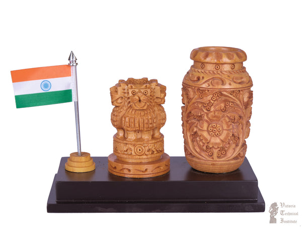 Wooden Ashokapillar with Pen Holder and Indian Flag