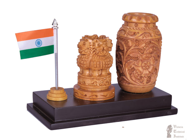 Wooden Ashokapillar with Pen Holder and Indian Flag