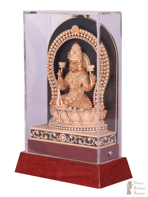 Handmade Sandal Wood Miniature Goddess Lakshmi Statue with Acrylic Doom