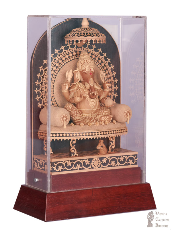 Handmade Sandal Wood Miniature Lord Ganesh Statue with Acrylic Doom