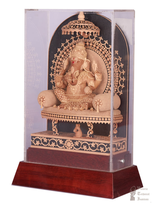 Handmade Sandal Wood Miniature Lord Ganesh Statue with Acrylic Doom